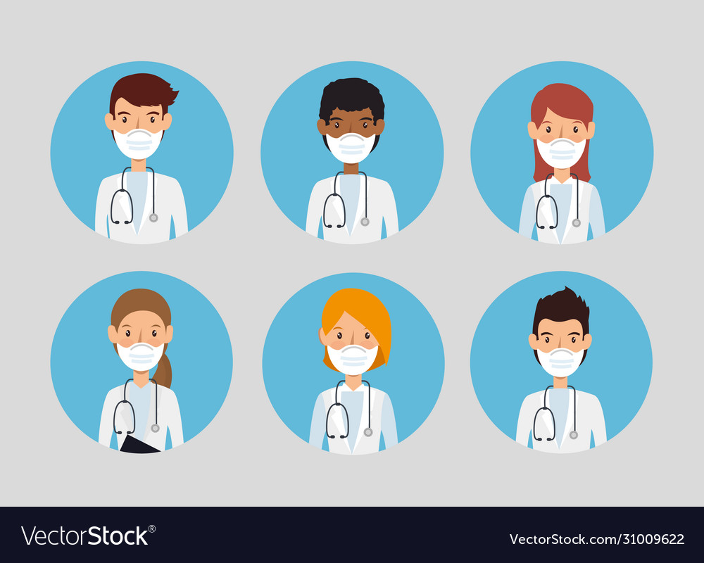 Group doctors using face mask isolated icon