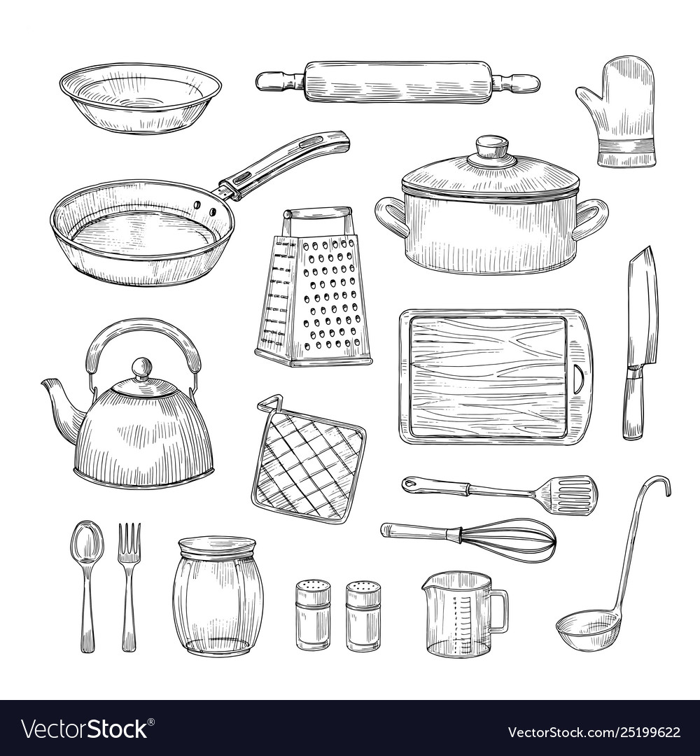 Sketch Kitchen Tools Cooking Utensils Hand Drawn Vector Image