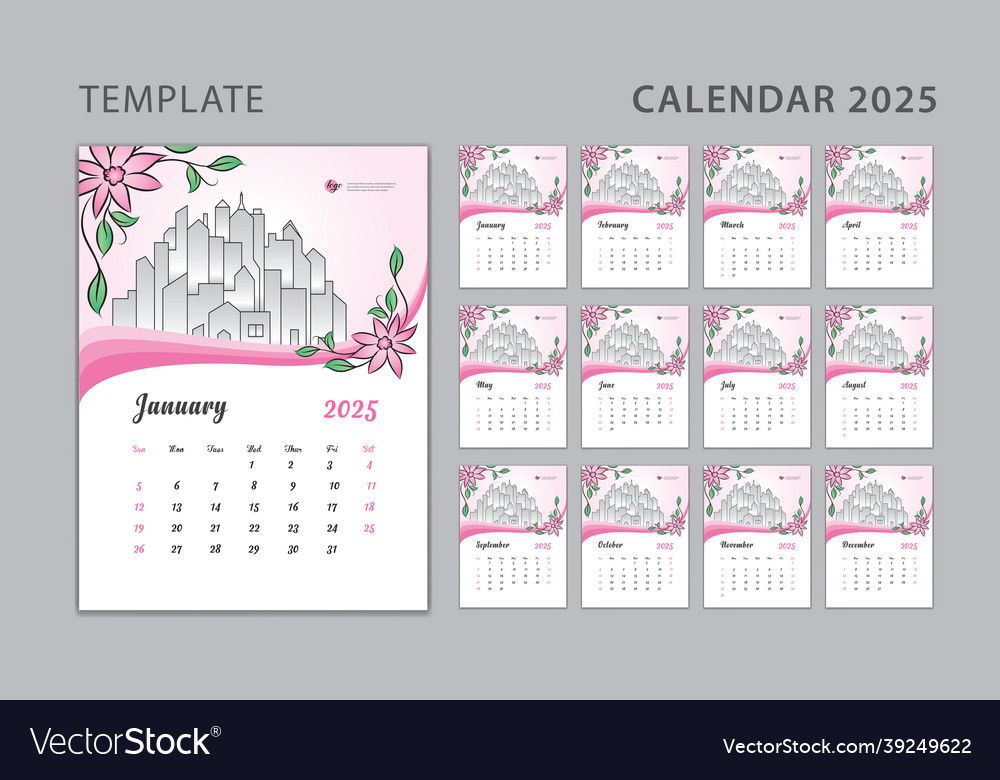 Wall calendar 2025 design- pink flowers concept Vector Image