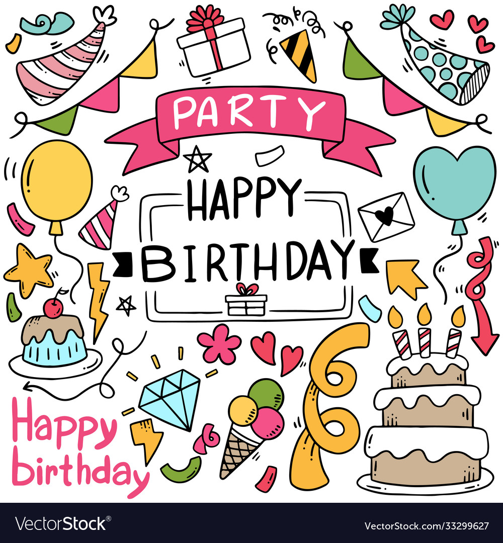 07-09-023 hand drawn party doodle happy birthday Vector Image