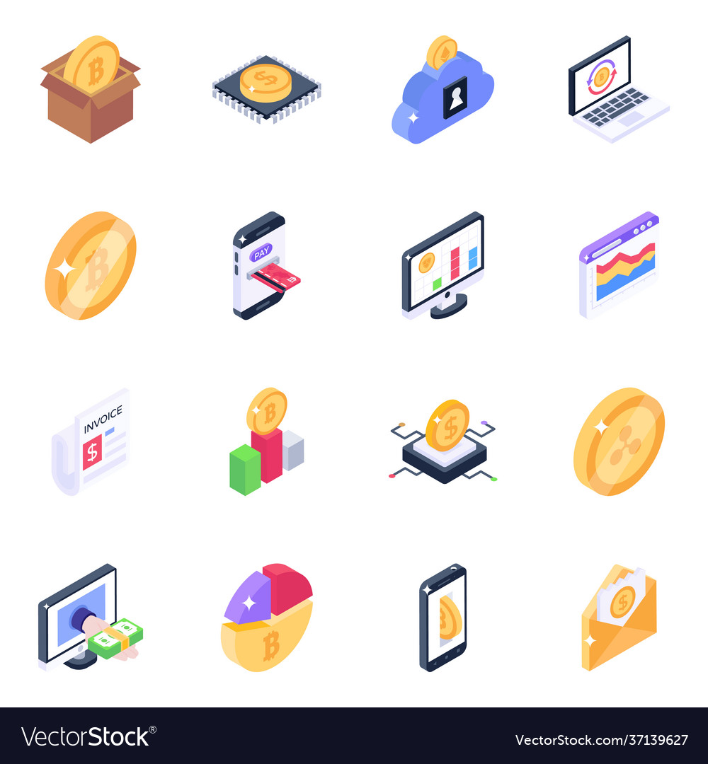 Cryptocurrency technology isometric icons pack