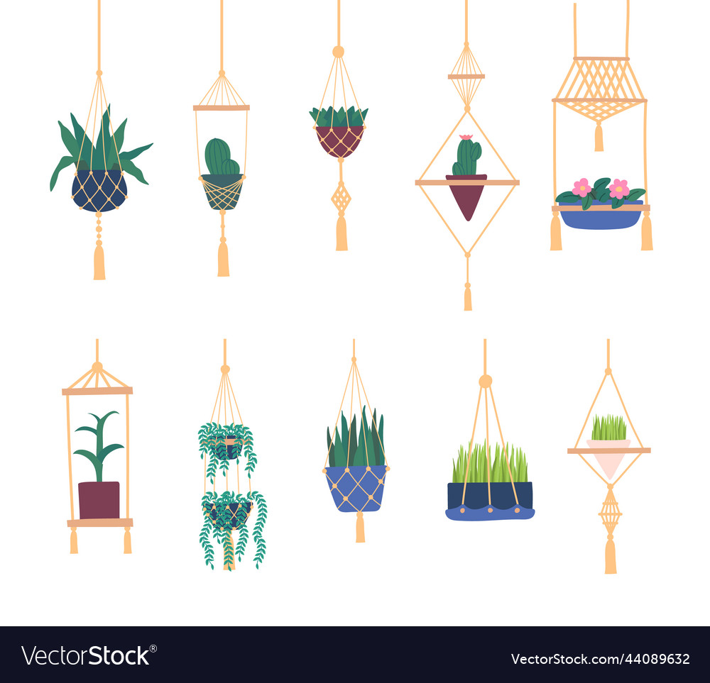 Cartoon Farbe macrame Kleiderbügel und Pflanzen Icons Set