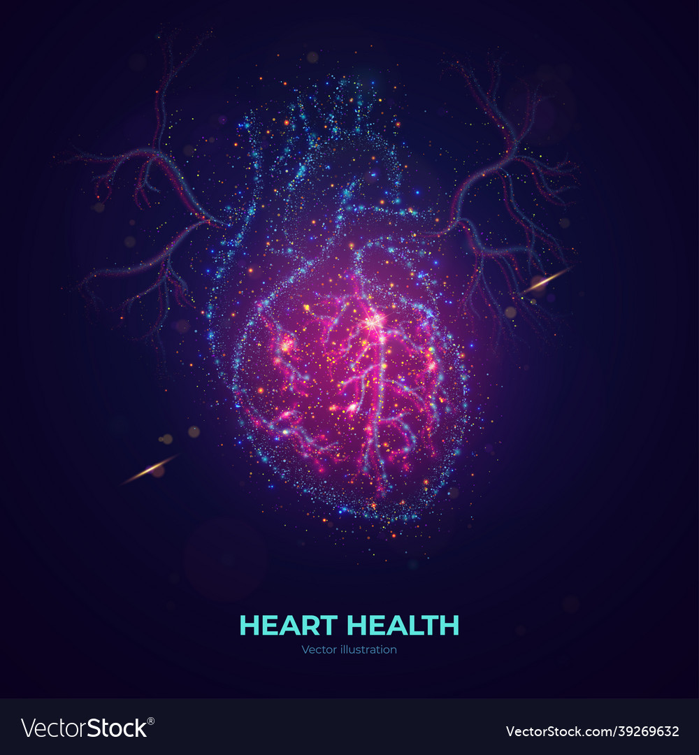 Glowing human heart made of neon particles