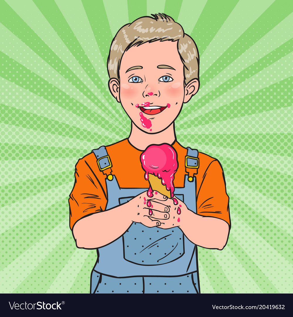 Pop art happy little boy eating ice cream