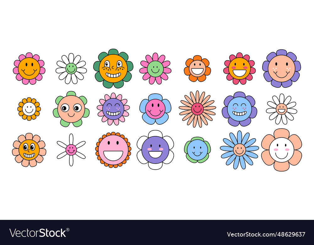 Cartoon color groovy flower characters daisy set Vector Image