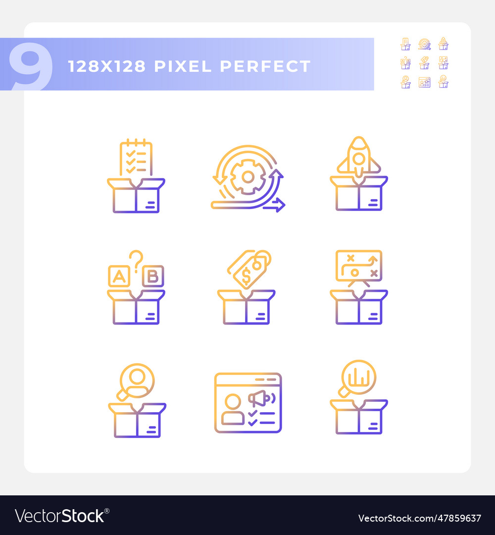 Gradient pixel perfect product management icons vector image Gradient pixel perfect product management icons