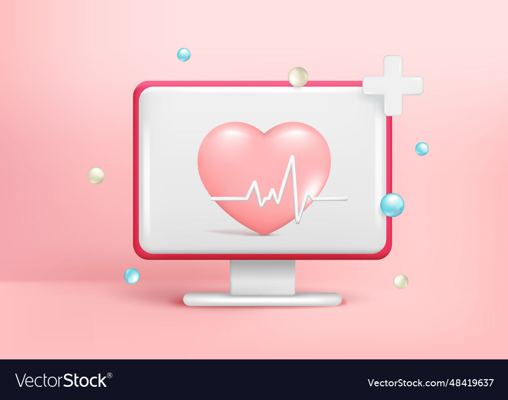 Realistic 3d computer monitor heart pulse line