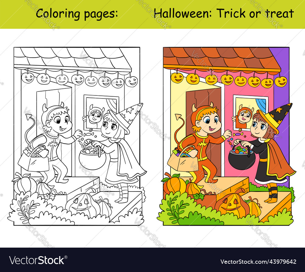 Coloring and color halloween children with sweets Vector Image