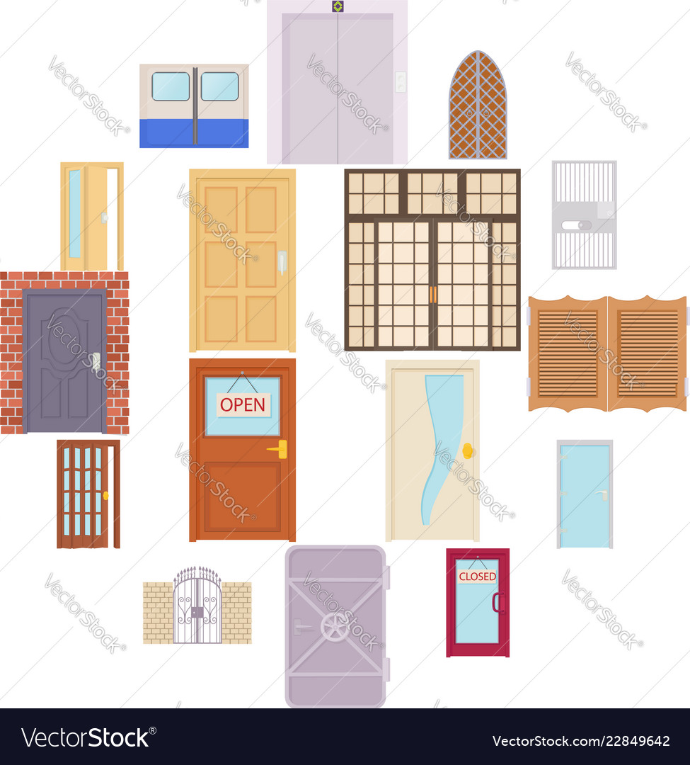 Door icons set cartoon style