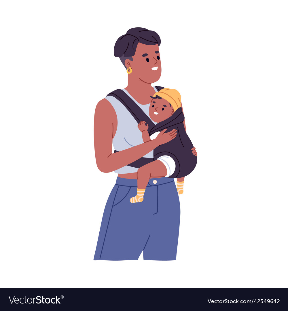 Happy young mother carrying baby in sling mom vector image Happy young mother carrying baby in sling mom