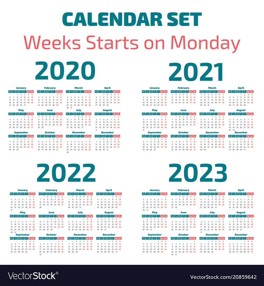 Years With Same Calendar As 2023 Simple 2020-2023 Years Calendar Royalty Free Vector Image