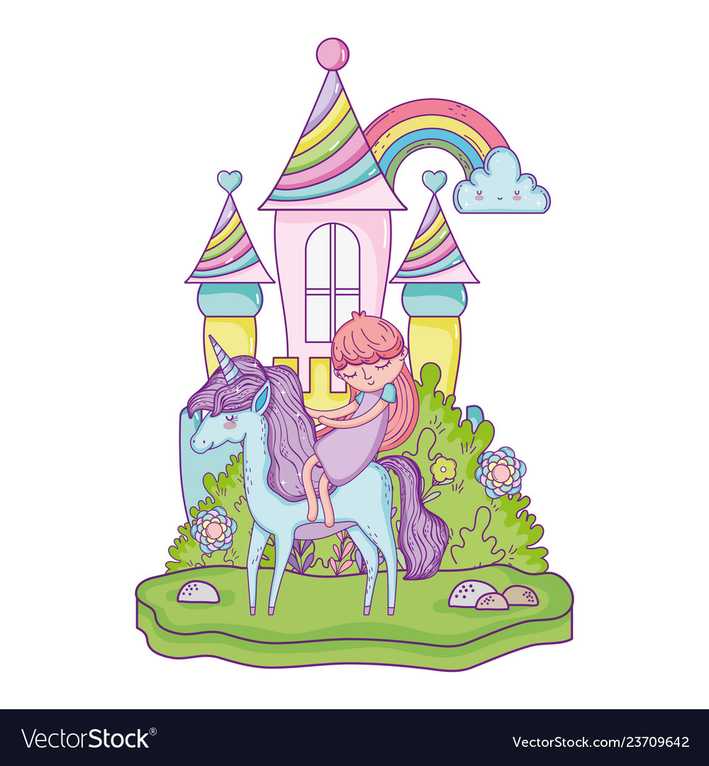 Unicorn and princess in the castle with rainbow