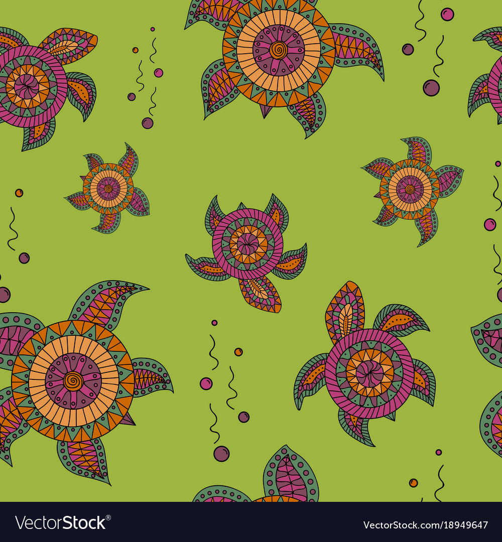 Seamless pattern with abstract turtles in doodle