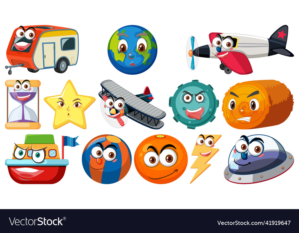 Set of different toy objects with smiley faces vector image Set of different toy objects with smiley faces