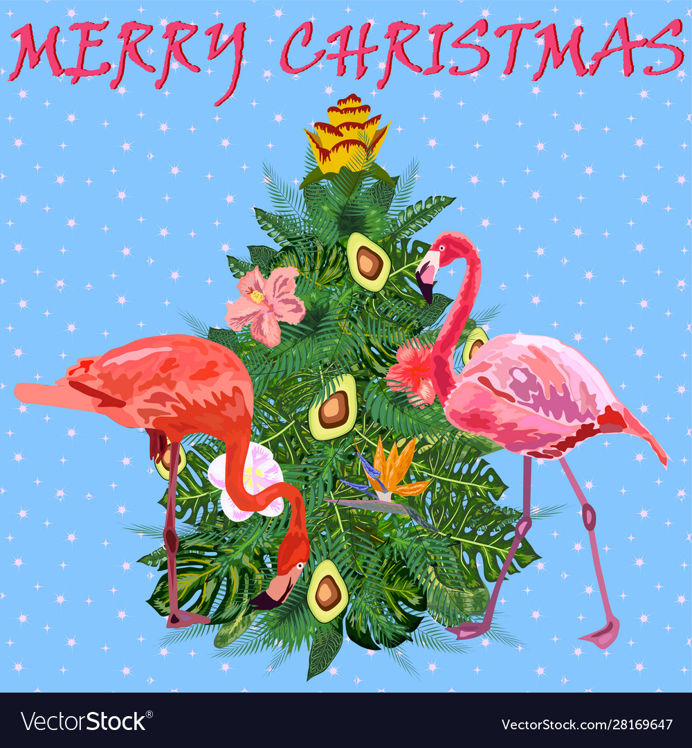 Tropical christmas flamingo palm leaves