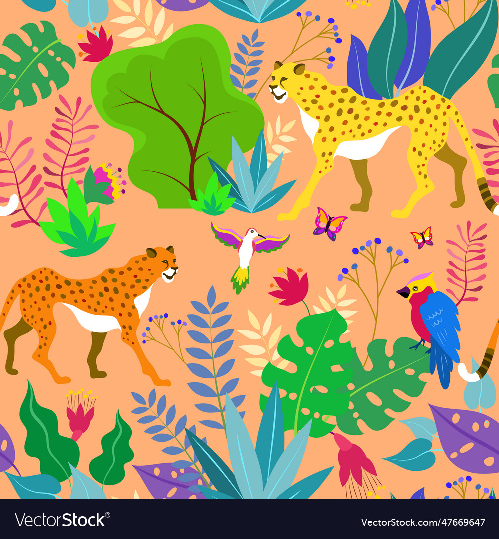 Tropical seamless pattern with cheetah parrot vector image Tropical seamless pattern with cheetah parrot