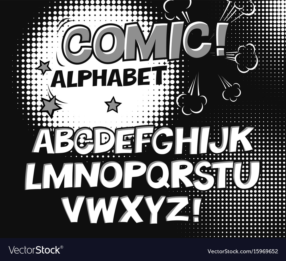 Comic retro black and white alphabet halftone Vector Image