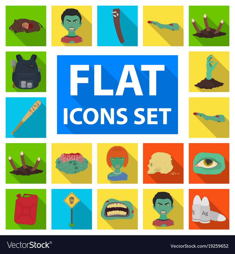 Zombies and attributes flat icons in set