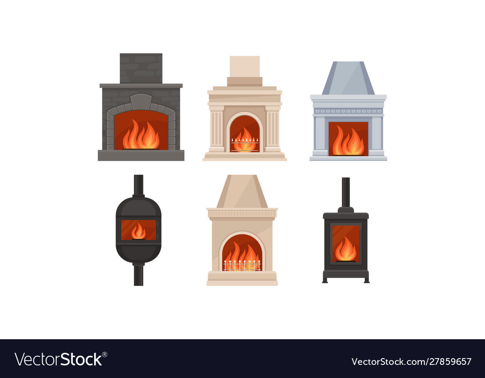Different Kinds Of Fireplaces With Various Design Vector Image