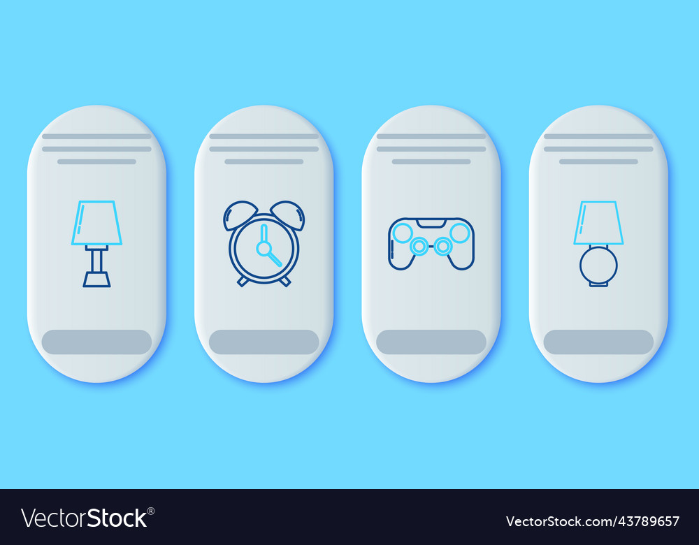 Set line alarm clock gamepad table lamp and icon vector image Set line alarm clock gamepad table lamp and icon