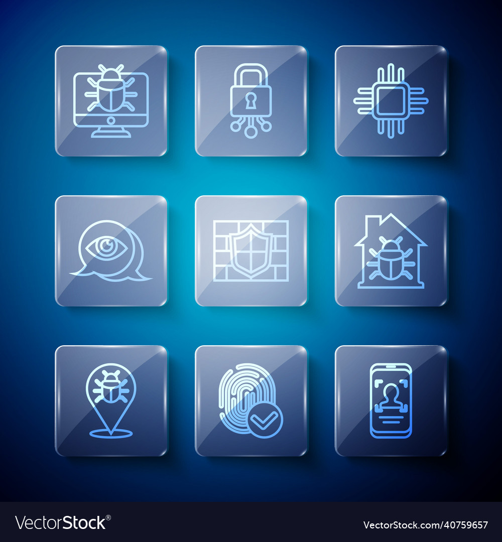 Set line system bug fingerprint mobile and face vector image Set line system bug fingerprint mobile and face