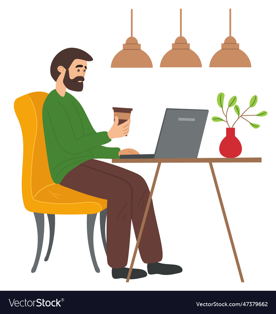 A man surfs the internet sitting in cafe using vector image A man surfs the internet sitting in cafe using