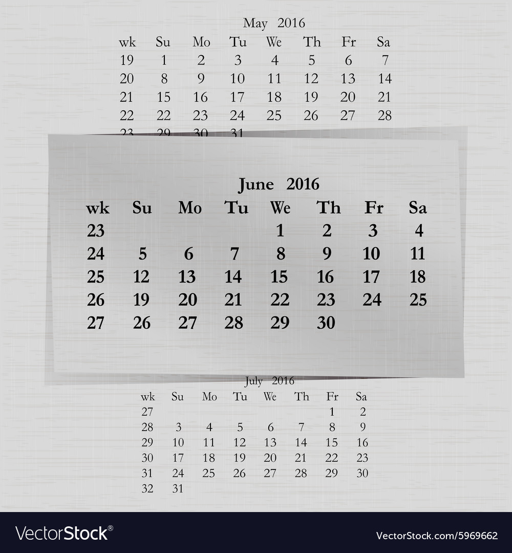 Calendar month for 2016 pages june Royalty Free Vector Image