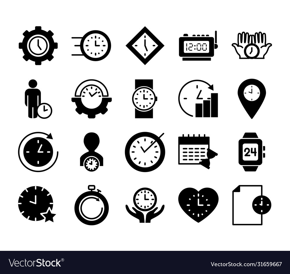 Clock and time icon set silhouette style