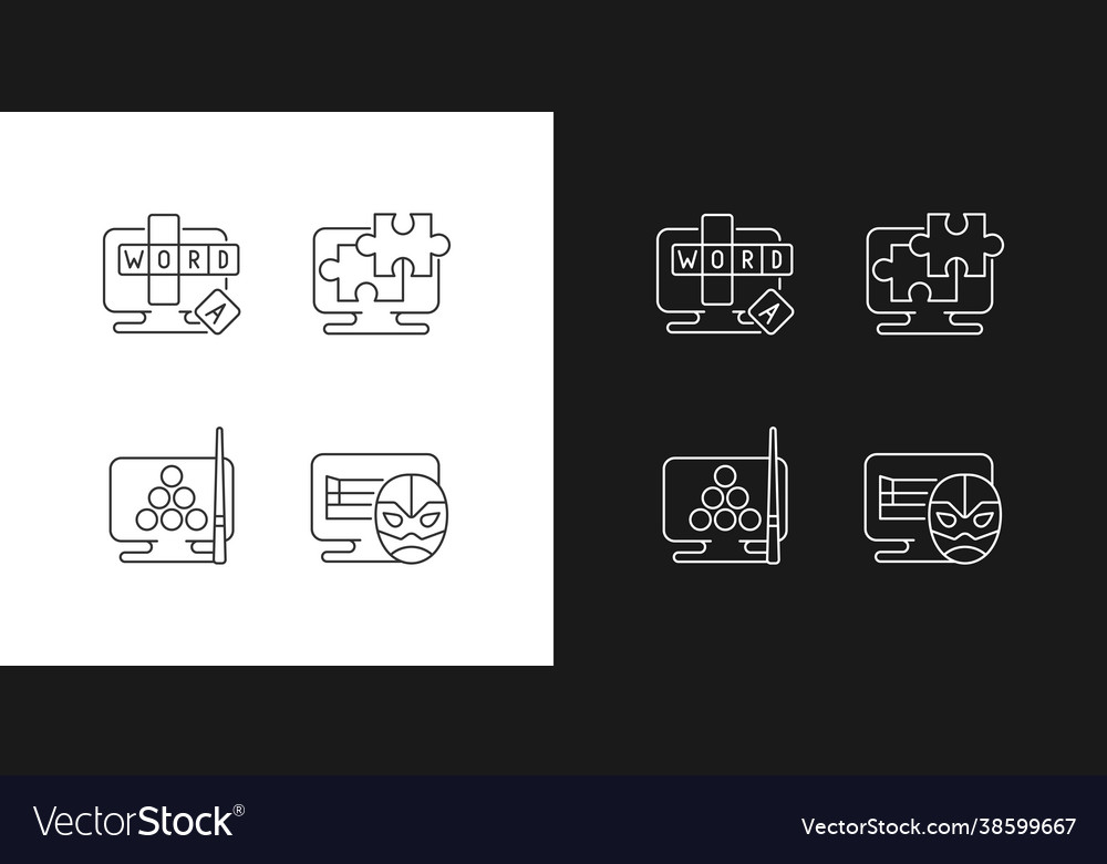 Intellectual game types linear icons set for dark vector image Intellectual game types linear icons set for dark