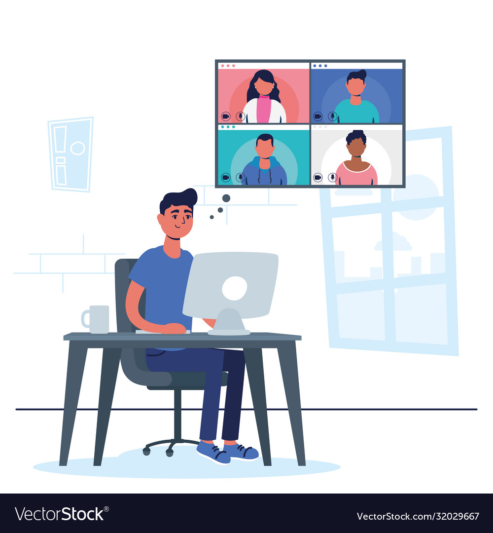 Man using desktop in virtual conference Vector Image Man using desktop in virtual conference