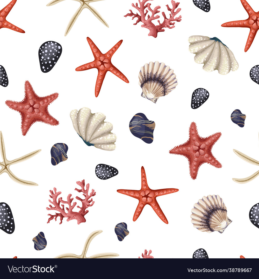 Seamless pattern with red starfishes shells Vector Image Seamless pattern with red starfishes shells