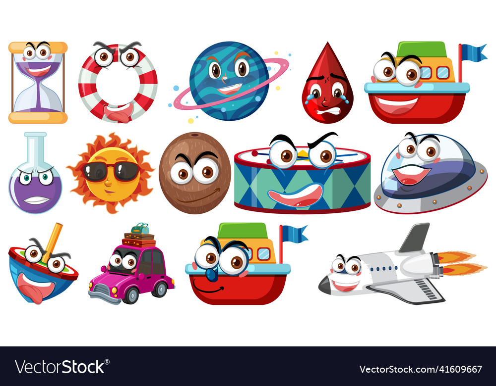 Set of different toy objects with smiley faces vector image Set of different toy objects with smiley faces