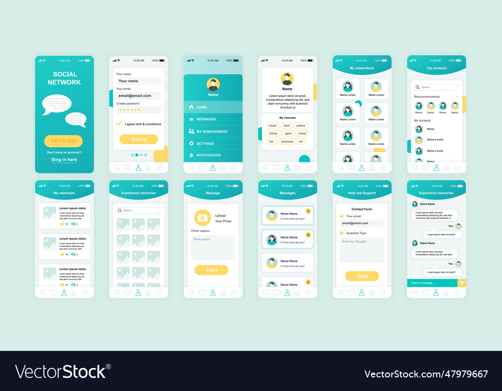Set of ui ux gui screens social network app flat