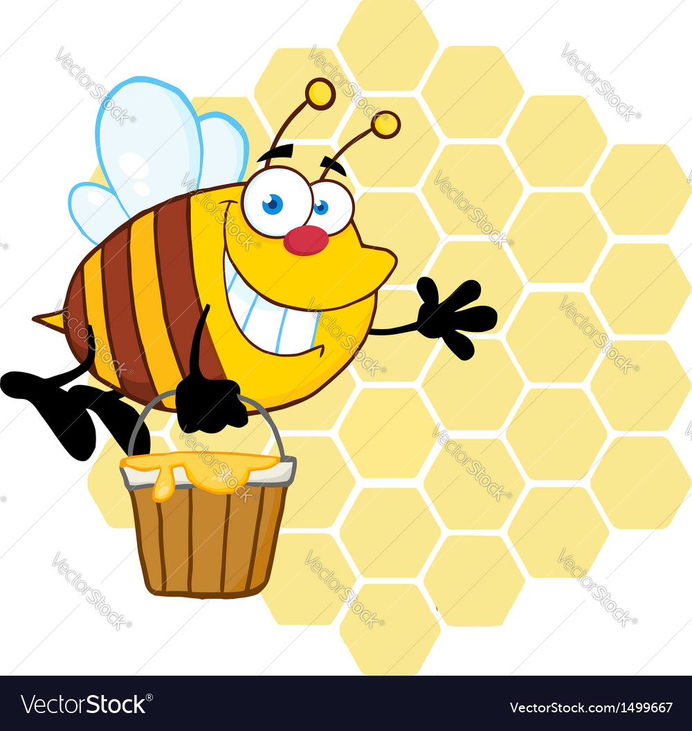 Smiling bee flying with a honey bucket