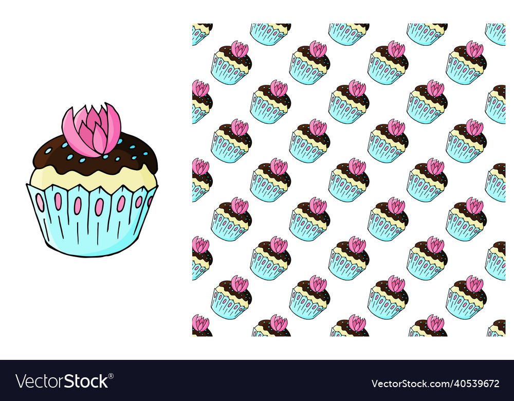 Cupcake muffin set of element and seamless pattern Vector Image Cupcake muffin set of element and seamless pattern