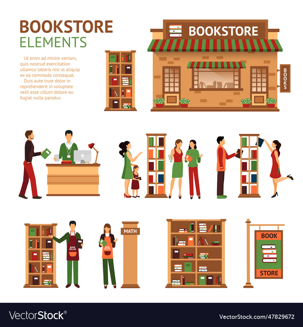 Flat bookstore elements images set Vector Image Flat bookstore elements images set