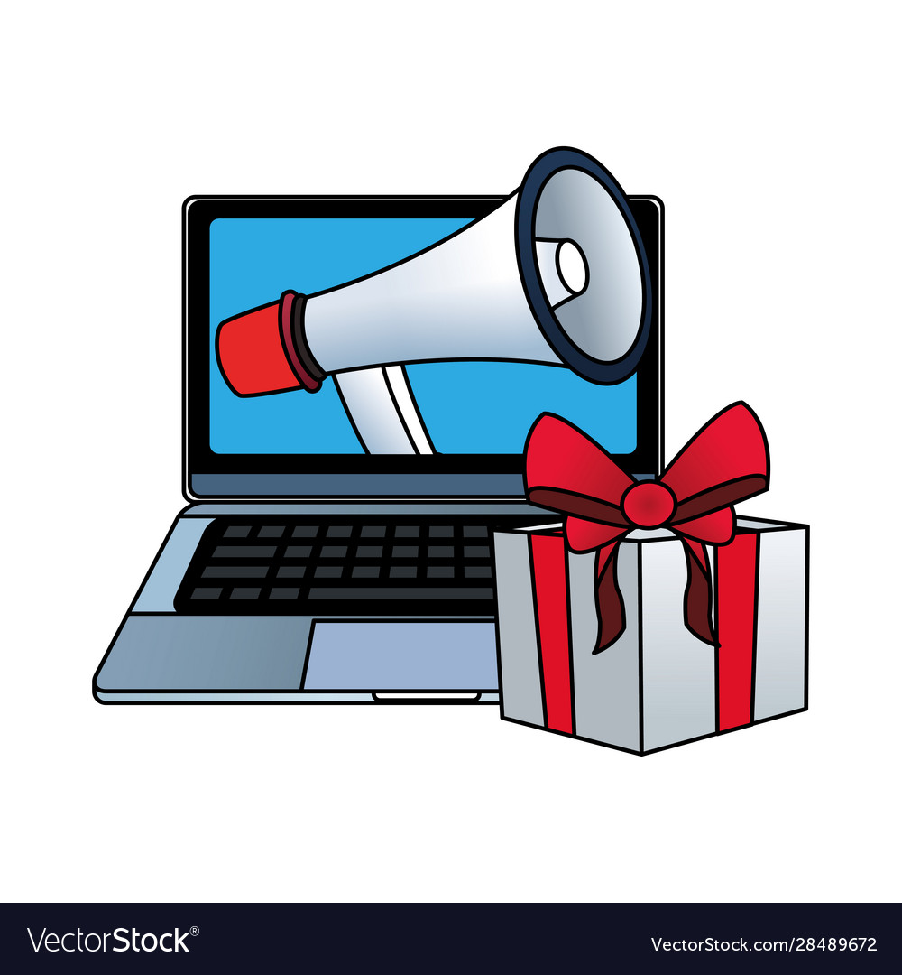 Gift box and computer with megaphone on screen vector image Gift box and computer with megaphone on screen