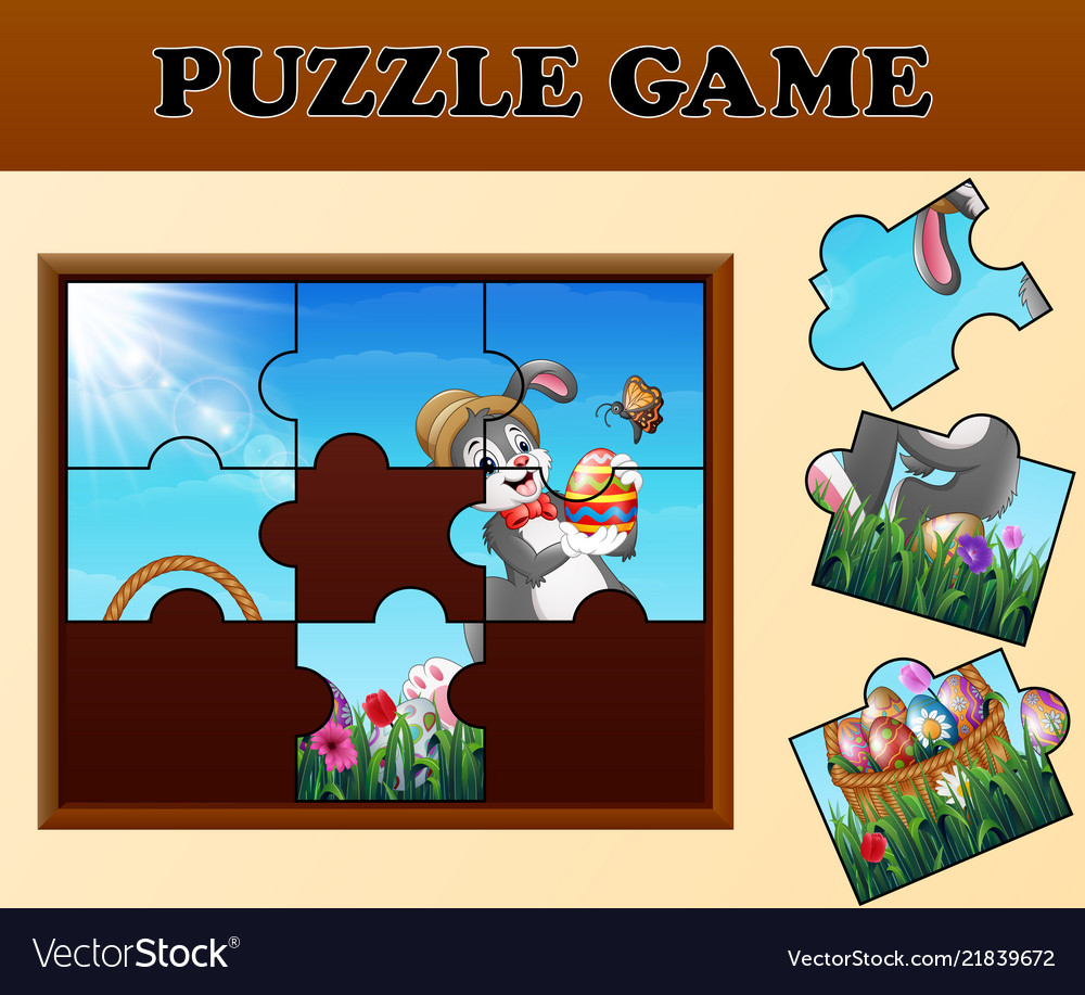 Jigsaw puzzle game with happy easter bunnies Vector Image