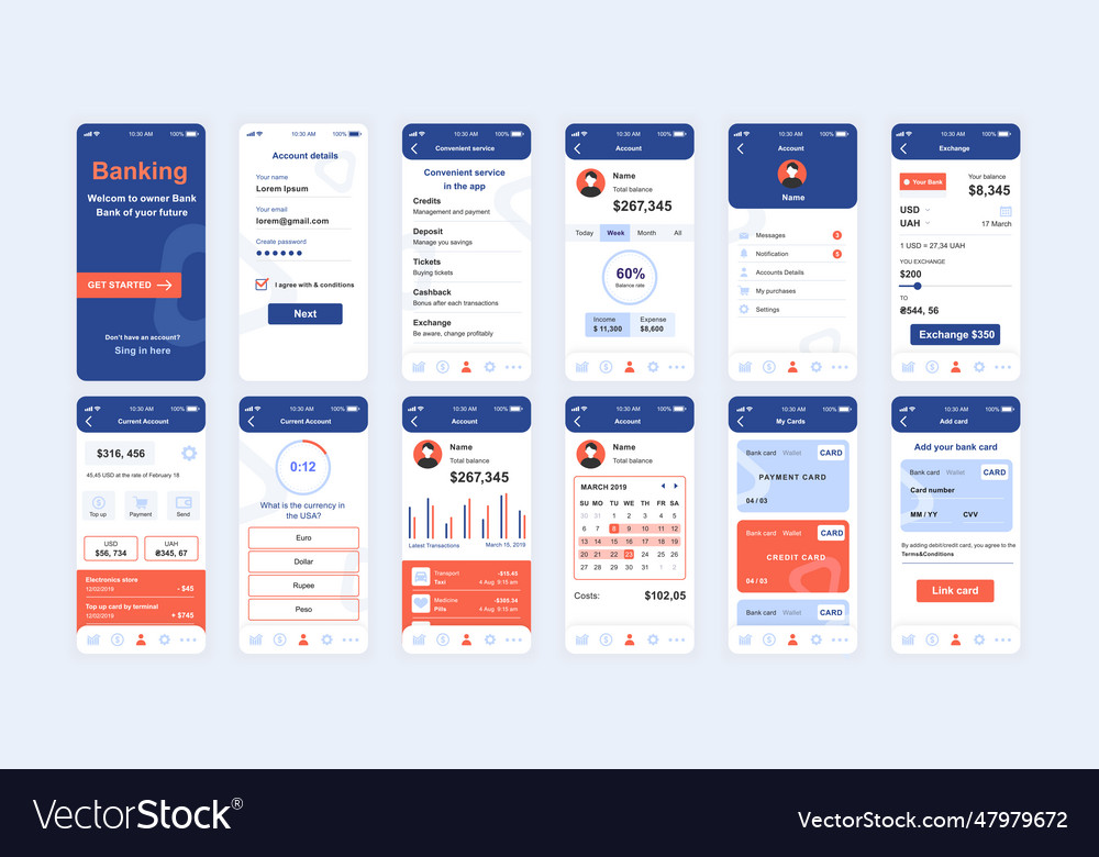 Set of ui ux gui screens banking app flat design