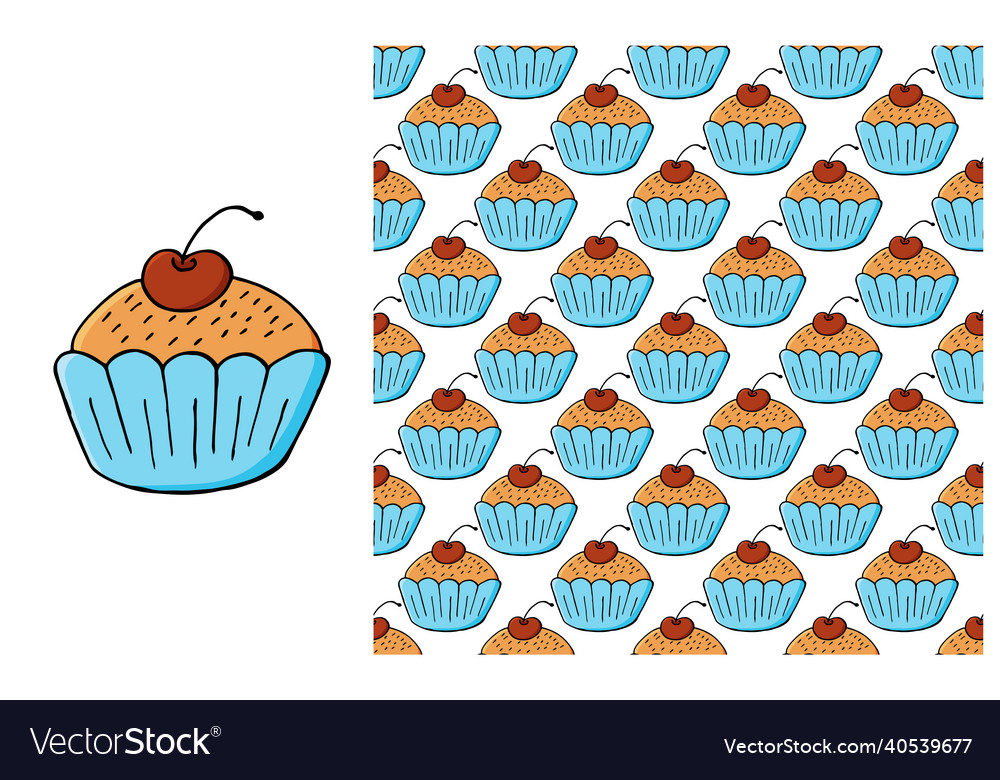 Cupcake muffin set of element and seamless pattern Vector Image Cupcake muffin set of element and seamless pattern