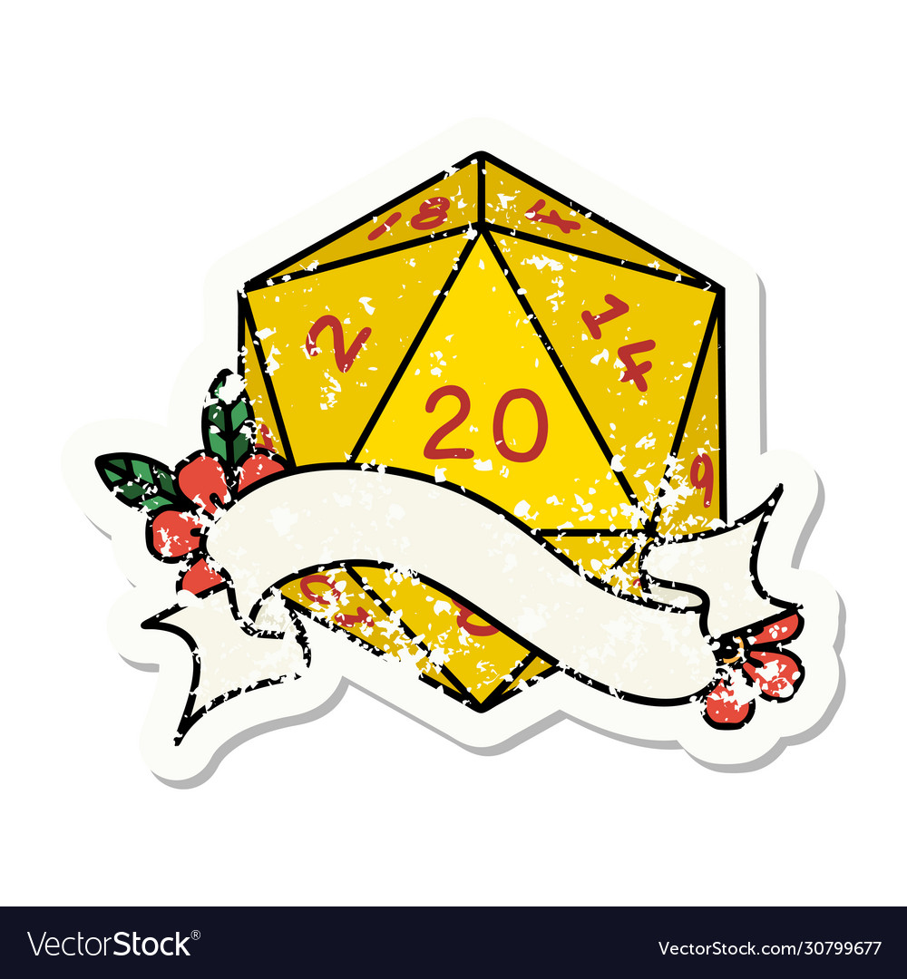 Natural twenty d20 dice roll grunge sticker