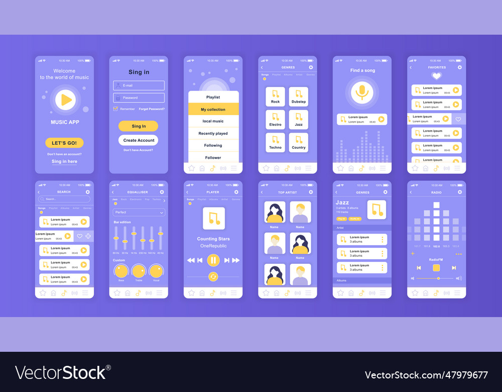Set of ui ux gui screens music app flat design