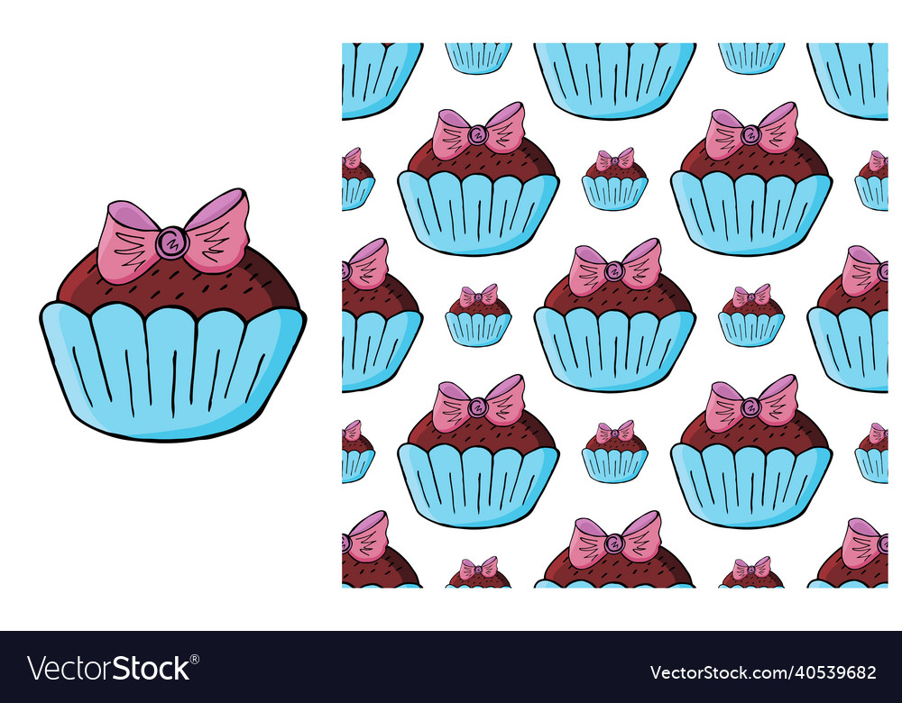 Cupcake muffin set of element and seamless pattern vector image Cupcake muffin set of element and seamless pattern