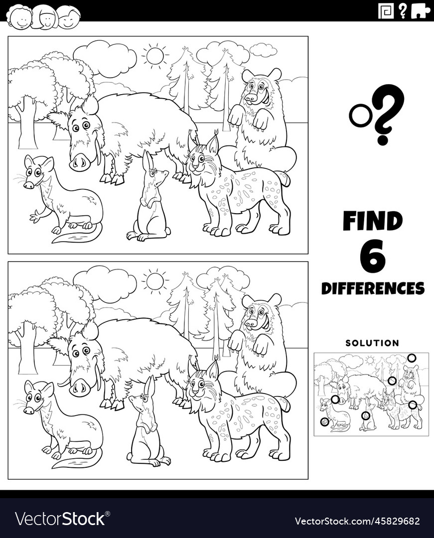 Differences game with cartoon wild animals Vector Image