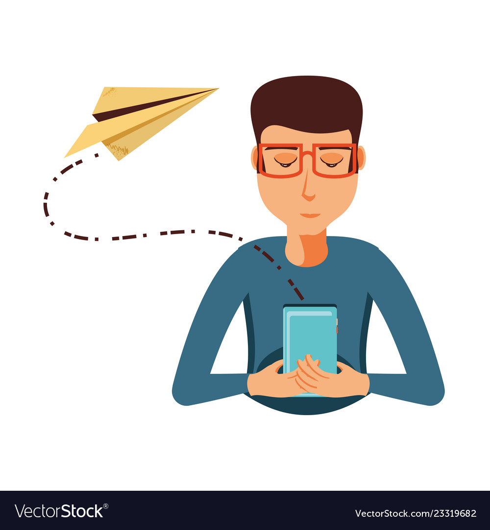 Man with smartphone airplane paper