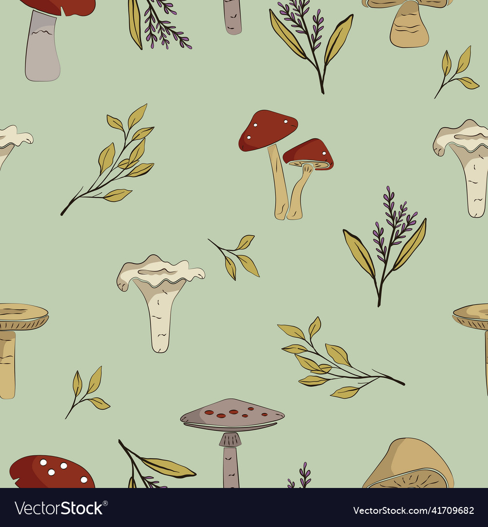 Mushroom and twig pattern on mint background