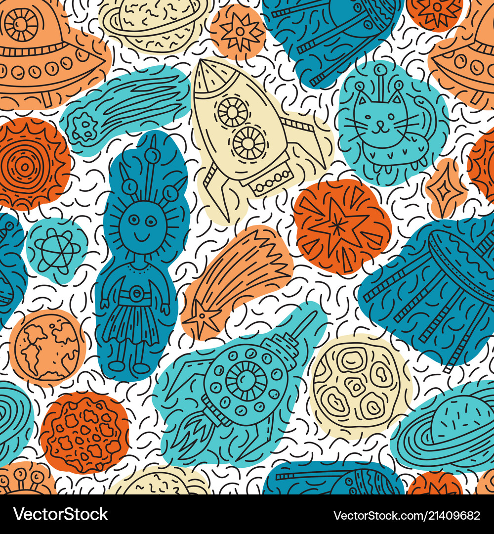 Seamless pattern with funny cartoon space elements