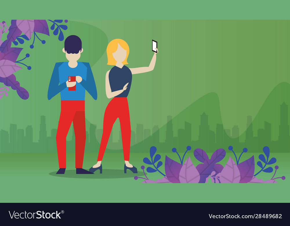 Young couple using device with social media app Vector Image Young couple using device with social media app