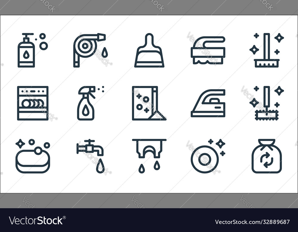Cleaning line icons linear set quality vector image Cleaning line icons linear set quality