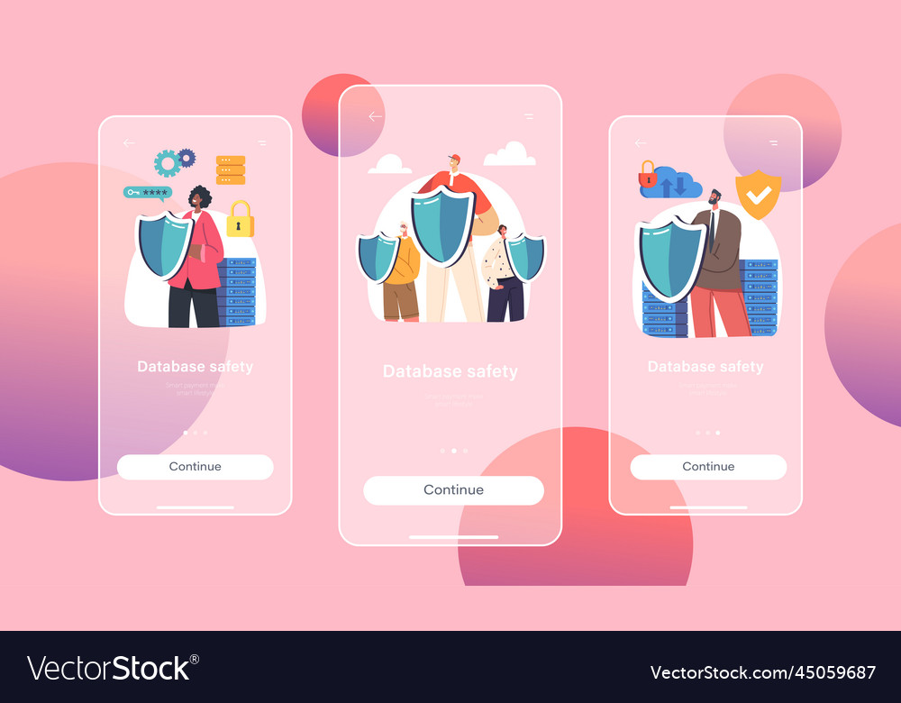 Database safety mobile app page onboard screen vector image Database safety mobile app page onboard screen